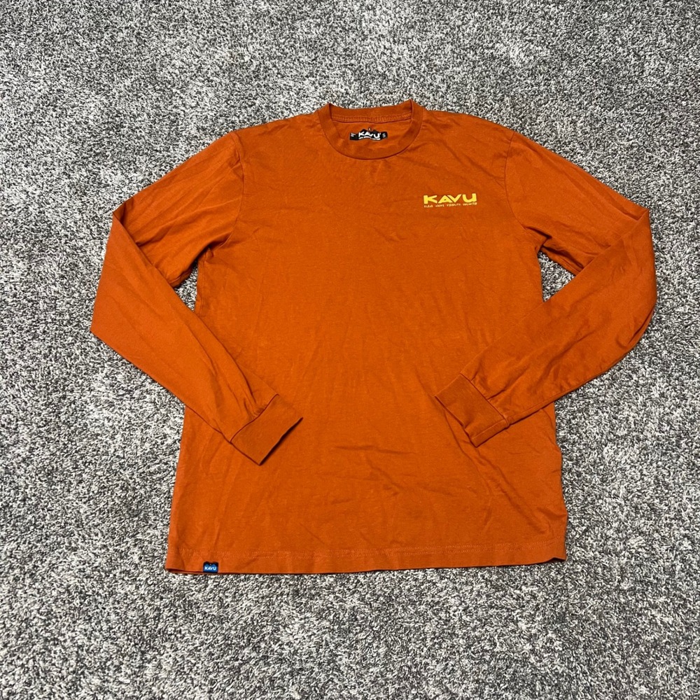 KAVU Mens Small Long Sleeve Graphic T-Shirt Burnt Orange Organic Cotton Mountain